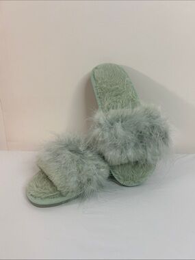 Fuzzy Slide Slippers in Mint Green